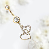 Dainty Gold Dangling Double Heart Belly Button Ring, Navel Ring, Body Jewelry